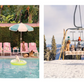 A split image of dogs lounging by a pool and dogs in winter gear on a ski lift, featuring the Bespoke x Gray Malin Mahjong Collection.