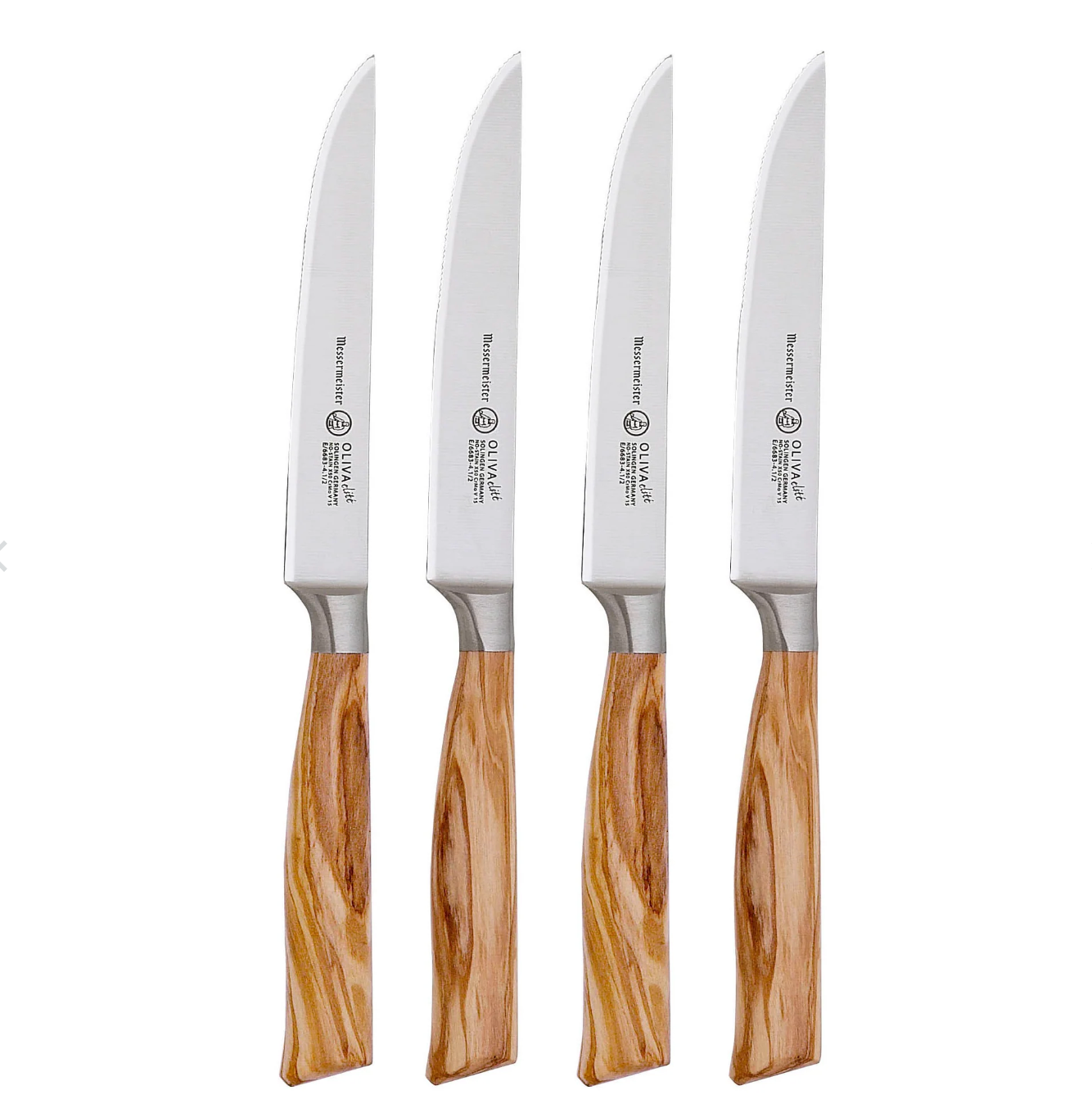 Four Oliva Elite Fine Edge Steak Knives by Messermeister, each with a wooden handle and German stainless steel blade, are arranged upright in a row on a white background.