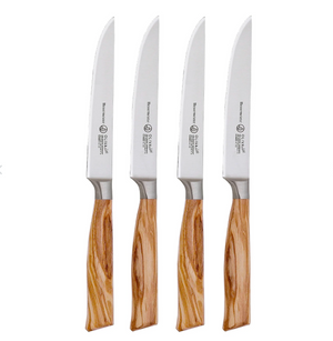 The Messermeister Oliva Elite Fine Edge Steak Knife Set, consisting of four pieces, features light wood handles and is crafted from premium German stainless steel for precision and durability.