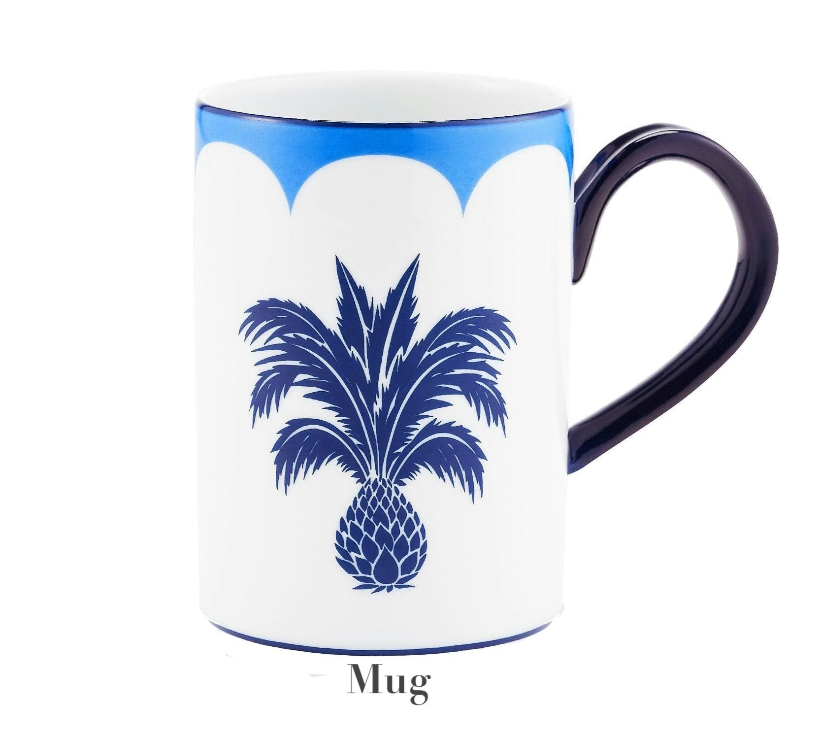 White porcelain mug with blue handle, rim, and palm tree design. From the handcrafted Jaipur Blue Dinnerware Collection by Aquazzura Casa, featuring "Mug" printed under the cup.