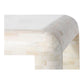 Close-up of the Harley Natural Bone Coffee Table by Made Goods, highlighting its smooth, rounded corner and light, tiled surface crafted from natural bone.