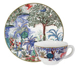 The Jardins Du Palais Tea Cup and Saucer Set of 2 by Gien France features a vibrant nature-inspired design with colorful trees, birds, and plants, perfect for adding elegance to your tableware collection.