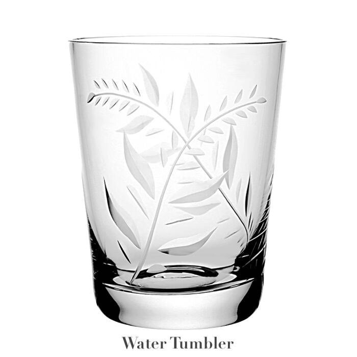 A clear glass water tumbler with an etched leaf pattern from the William Yeoward Crystal Jasmine Collection, shown against a white background with the label "Water Tumbler" below.