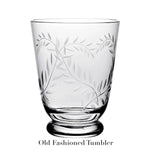 Old fashioned tumbler from the Jasmine Drinkware Collection by William Yeoward Crystal, shown on a white background. Features hand engraved leaf pattern for added elegance. "Old Fashioned Tumbler" text appears below the glass.