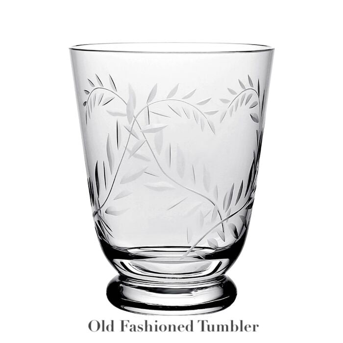 Clear glass Old Fashioned tumbler with an etched leafy vine pattern from the Jasmine Collection by William Yeoward Crystal, set against a white background. Text below reads "Old Fashioned Tumbler.