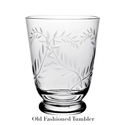 Old fashioned tumbler from the Jasmine Drinkware Collection by William Yeoward Crystal, shown on a white background. Features hand engraved leaf pattern for added elegance. "Old Fashioned Tumbler" text appears below the glass.