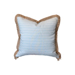 The Tea for Two Pillow by Hive Custom Pillows features a light blue pattern and beige fringe trim on all sides. This 22"x22" handmade pillow offers a stylish accent, shown against a white background.
