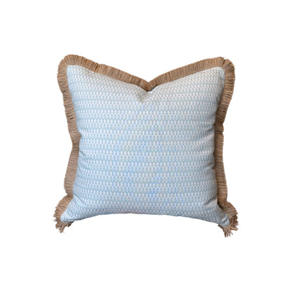 The Tea for Two Pillow by Hive Custom Pillows features a light blue pattern and beige fringe trim on all sides. This 22"x22" handmade pillow offers a stylish accent, shown against a white background.