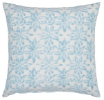 The Elina Euro Pillow by John Robshaw features a sky blue and white geometric floral design crafted with wet block printing, shown from above on a plain white background.