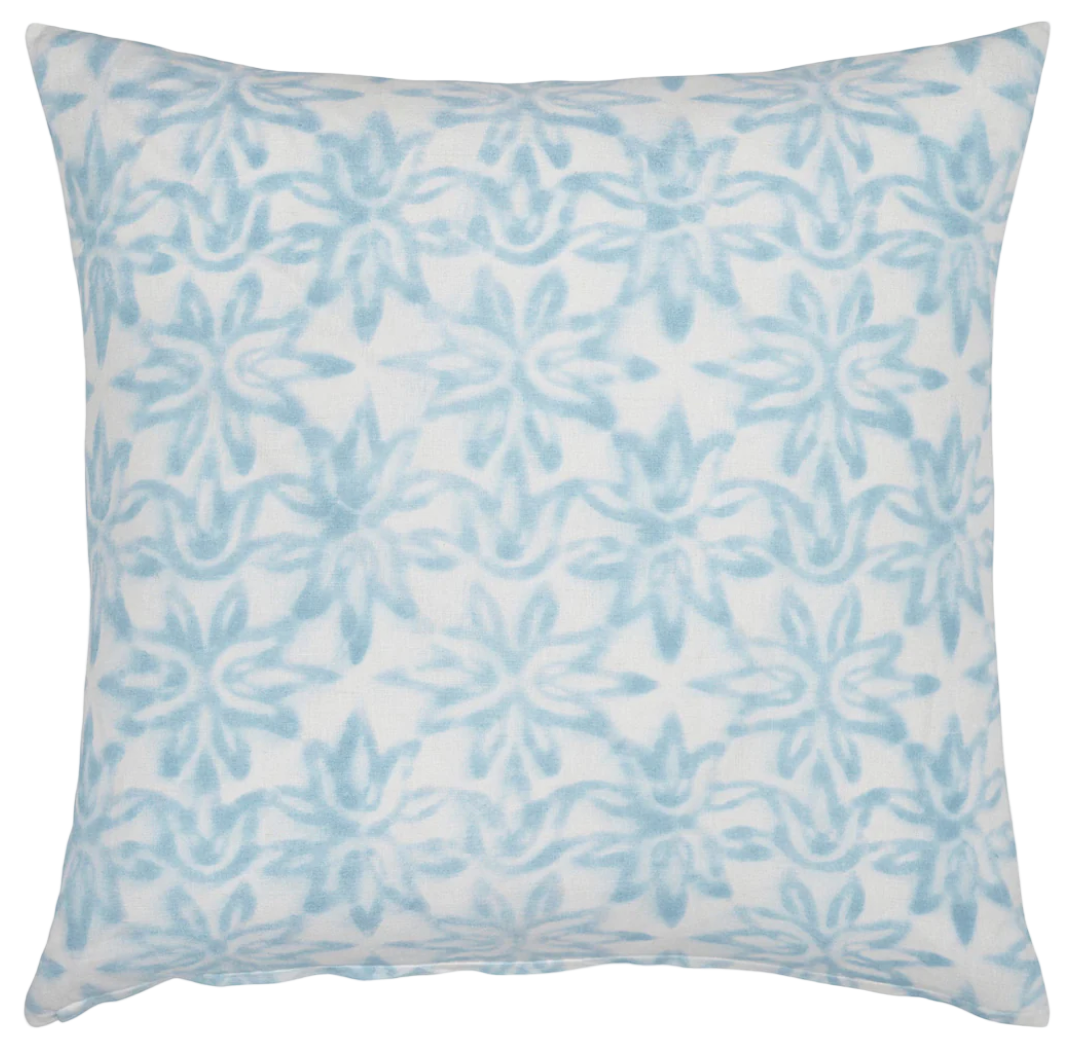 The Elina Euro Pillow by John Robshaw features a sky blue and white geometric floral design crafted with wet block printing, shown from above on a plain white background.