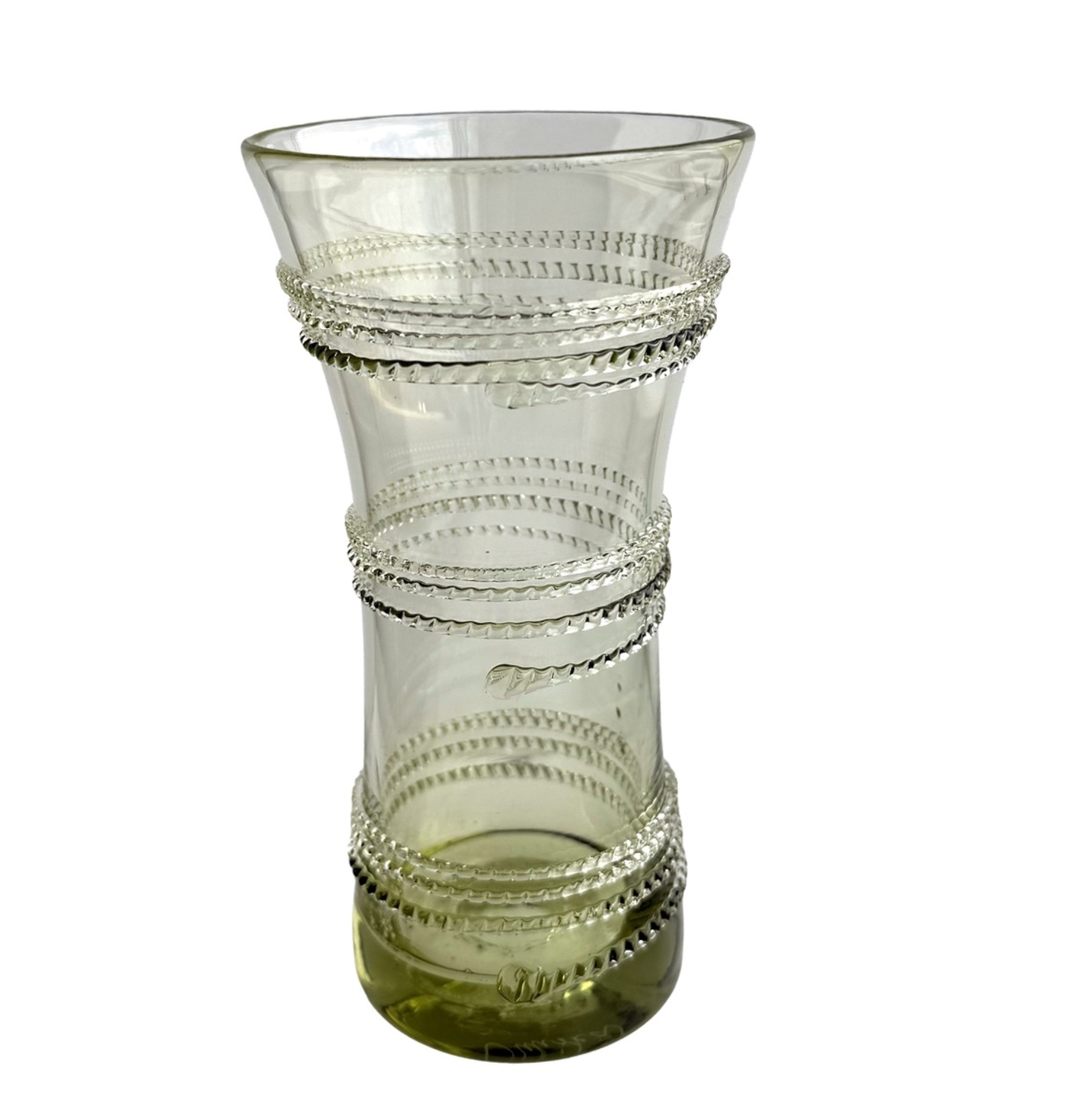 Introducing the Ella Corset Vase Collection by Juliska—a clear glass vase with a flared rim and four textured spiral bands encircling the body. The corseted waistline elegantly enhances its silhouette, making this decorative piece a perfect floral centerpiece for any room.