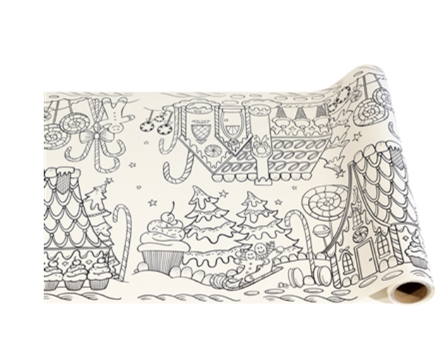 A roll of Gingerbread Partyware Collection paper featuring a line-art pattern of gingerbread houses, candy, and festive treats, perfect for table accents and place cards.