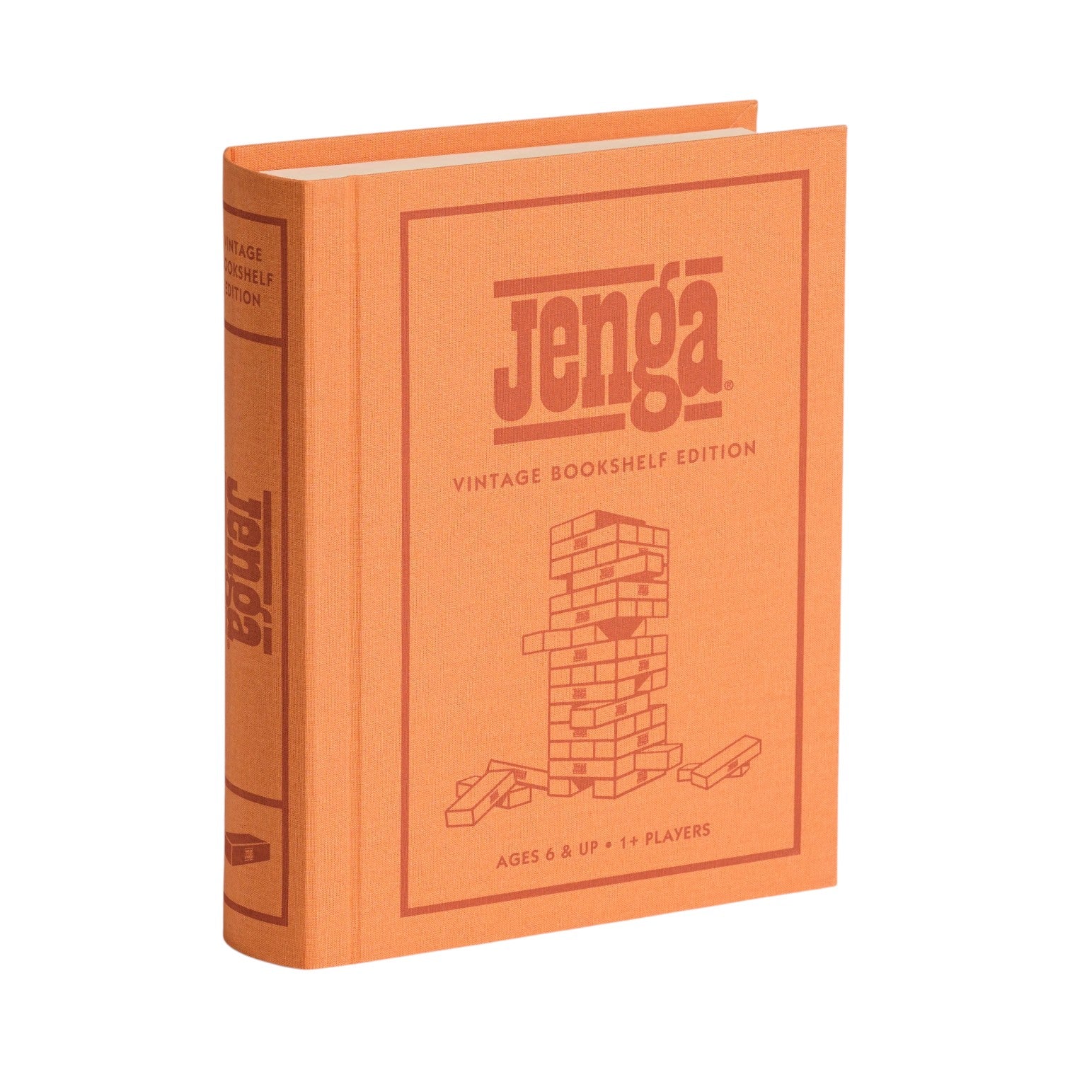 An orange fabric-wrapped, book-shaped box from the WS Game Company’s Vintage Bookshelf Board Games collection features a classic board game tower and block illustration on the cover.