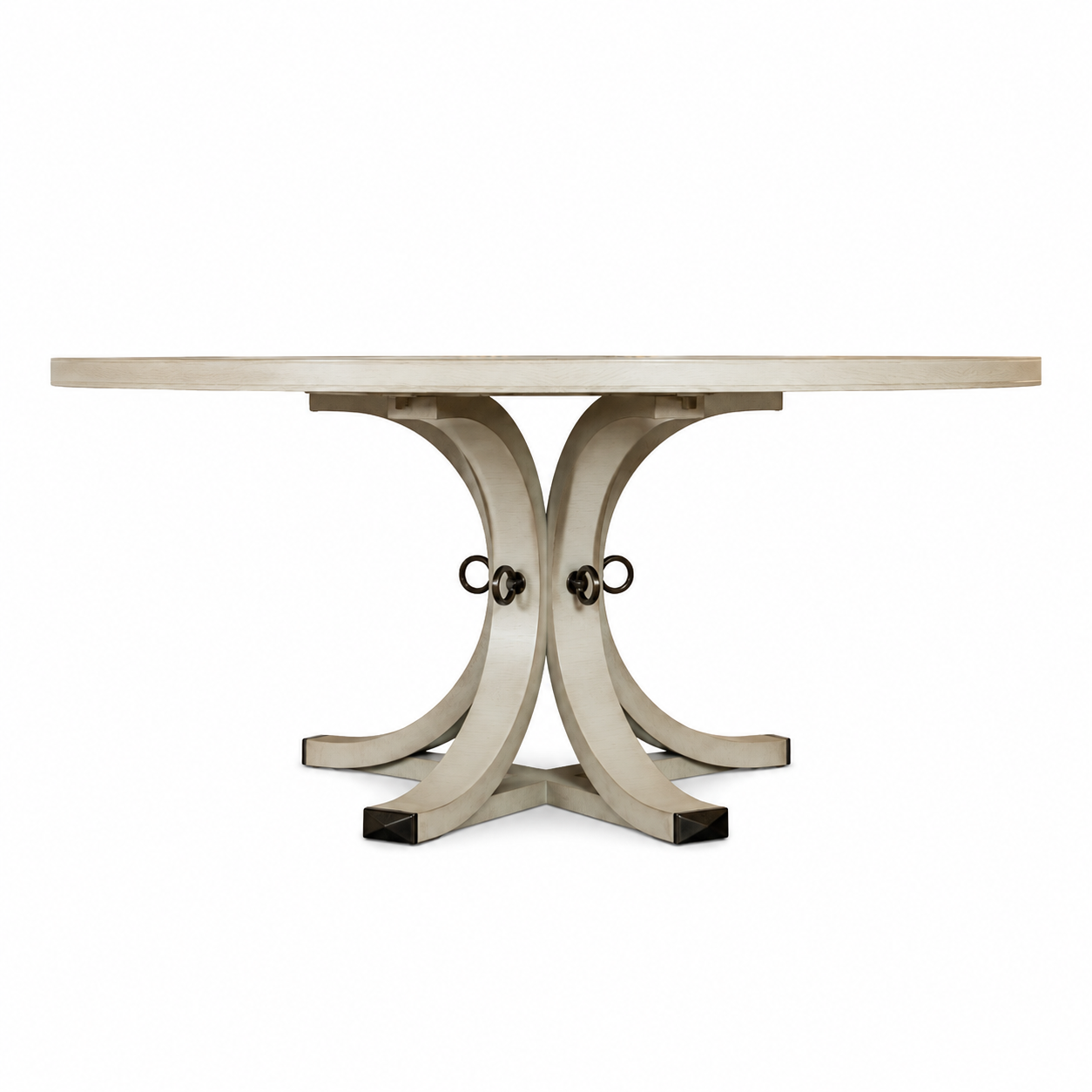 The Artisan Round Dining Table by Hickory Chair is crafted from light-toned wood and features a sculptural pedestal base with curved, intersecting legs joined by metal rings, shown against a plain white background.