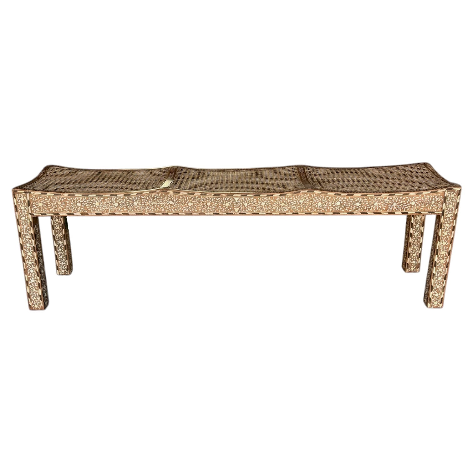 The Bojay Large 3 Seat Cane Bench features three contoured seat sections and straight legs with artisanal woven rattan, shown against a white background.