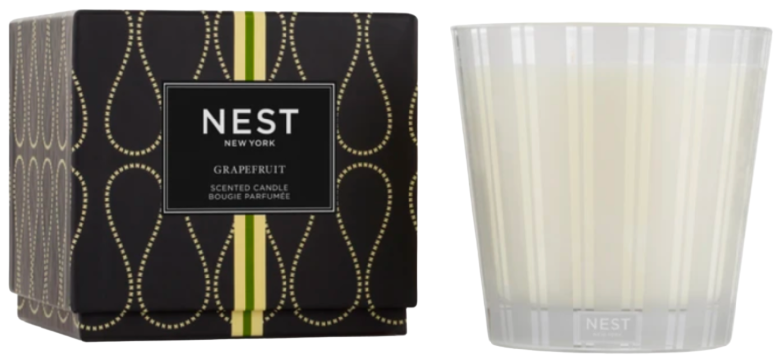 The Nest Grapefruit Candle Collection fills your space with a refreshing scent. Housed in a clear glass holder, it comes alongside its elegant black and gold patterned box.