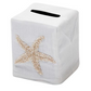 Add a touch of coastal elegance to your home décor with the Haute Home Starfish Coaster & Bath Collection. This white rectangular tissue box cover is crafted from premium linen and features a beige starfish accent on the front, along with a convenient top opening for easy tissue dispensing.