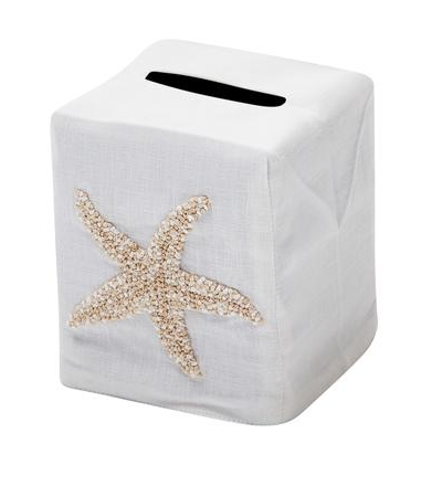 Add a touch of coastal elegance to your home décor with the Haute Home Starfish Coaster & Bath Collection. This white rectangular tissue box cover is crafted from premium linen and features a beige starfish accent on the front, along with a convenient top opening for easy tissue dispensing.
