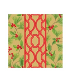 Caspari Knots and Greenery triple-ply paper napkin featuring a central red geometric lattice pattern flanked by panels of green pine needles and red holly berries on a gold background.