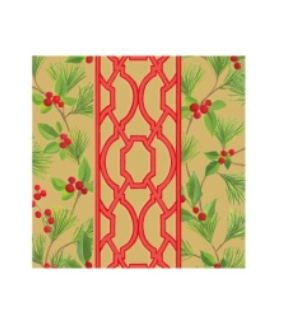 Caspari Knots and Greenery triple-ply paper napkin featuring a central red geometric lattice pattern flanked by panels of green pine needles and red holly berries on a gold background.