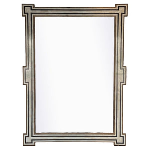 The Bojay Large Bone Mirror with Inner Stripe features a rectangular shape and a decorative geometric frame with layered light and dark bone tones.
