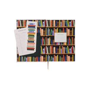 The Rifle Paper Co. Embroidered Book Journal features a colorful bookshelf design on a white cover, plus a reading list card and a bookmark decorated with illustrated book spines.