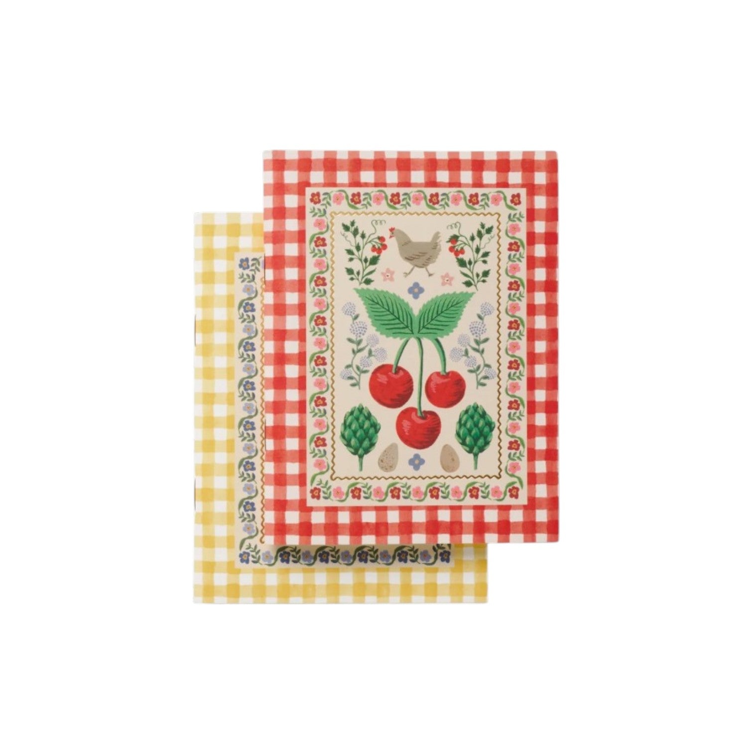 The Home Sweet Home Collection by Rifle Paper Co. includes two rectangular tea towels with gingham borders (one red, one yellow), adding vintage farm charm. The red-bordered towel features cherries, leaves, a bird, and florals at the center.