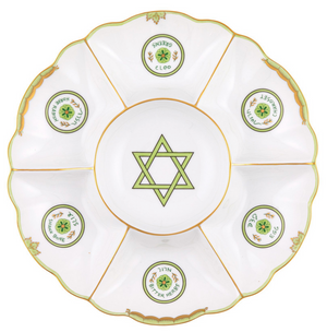 The Herend Seder Plate, Key Lime Green, is a ceramic Passover plate with six labeled sections, hand-painted designs, and a green Star of David in the center.