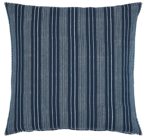 The John Robshaw Nitya Euro Pillow features blue and white vertical pinstripes, hand printed on a dark blue background.