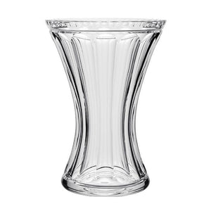 The Juliet Vase by William Yeoward Crystal features clear glass with a flared top and base, vertical ridges, and an elegant hourglass shape—perfect for stylish floral arrangements.