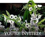A Floral Demonstration with Sarah Benitz and Juliska by Hive Floral Studio: white flowers and ferns in patterned vases, including a Juliska vase, with "YOU'RE INVITED!" overlaid at the bottom.
