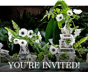 A Floral Demonstration with Sarah Benitz and Juliska by Hive Floral Studio: white flowers and ferns in patterned vases, including a Juliska vase, with "YOU'RE INVITED!" overlaid at the bottom.