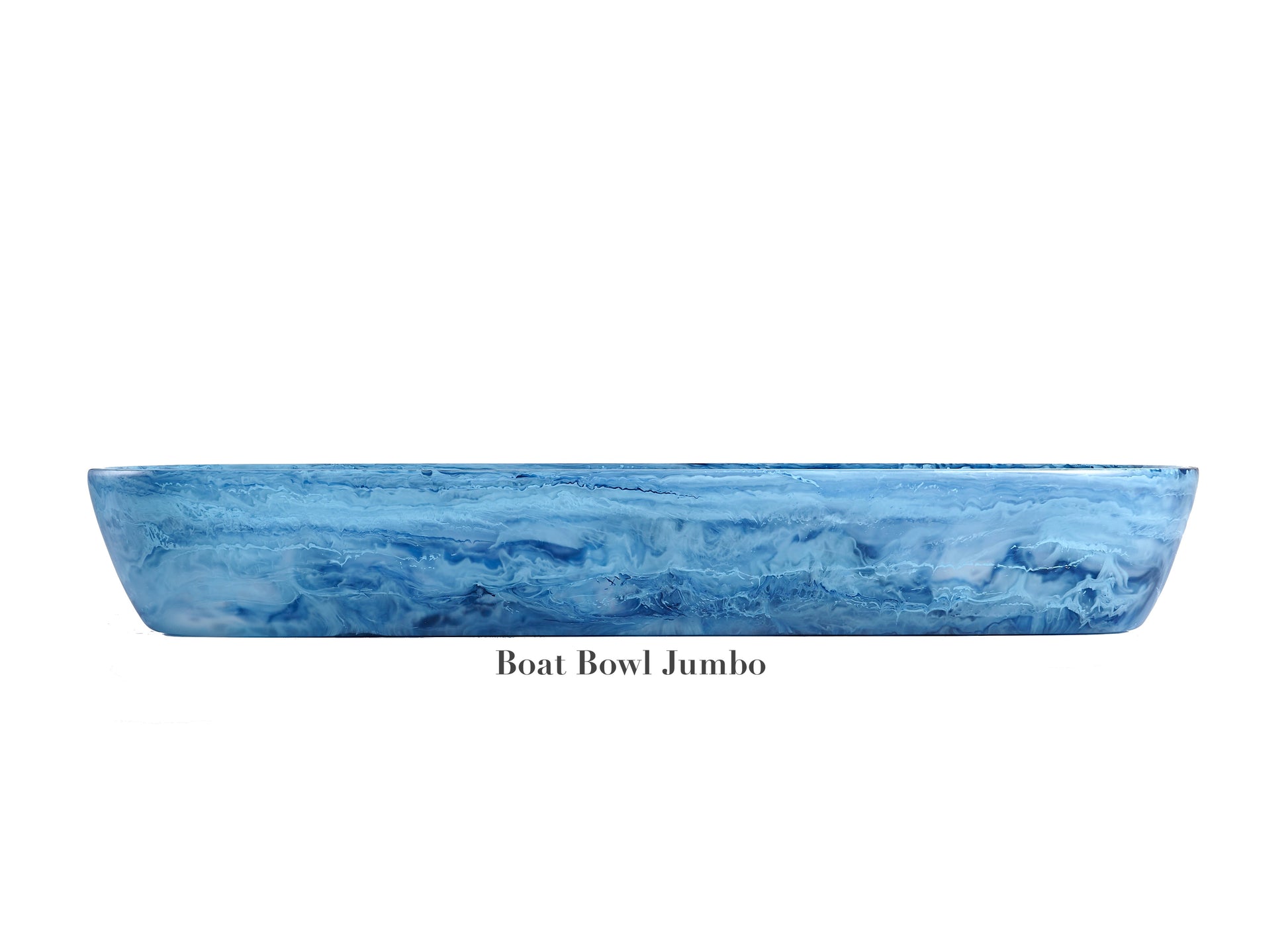 A large rectangular blue marbled bowl from the Denim Resin Serveware Collection by Nashi Home, crafted from shatter-resistant resin, is shown on a white background—a striking piece for stylish home decor.