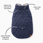 The Foggy Dog Navy Sherpa-Lined Reversible Dog Jacket, Large, is shown on a white background with labeled features like adjustable collar, snap pocket, leash hole, and cozy sherpa lining.