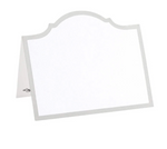The Caspari Arch Silver Place Cards feature a folded white design with a silver border and scalloped top edge, standing upright on a white background—ideal for elegant table decor.