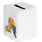 Square premium linen tissue box cover from the Parrot Coaster & Bath Collection, featuring an embroidered parrot on a branch.