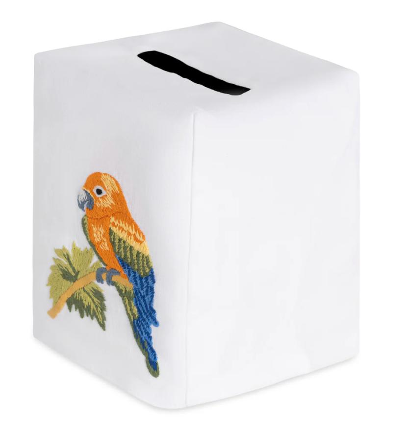 Square premium linen tissue box cover from the Parrot Coaster & Bath Collection, featuring an embroidered parrot on a branch.