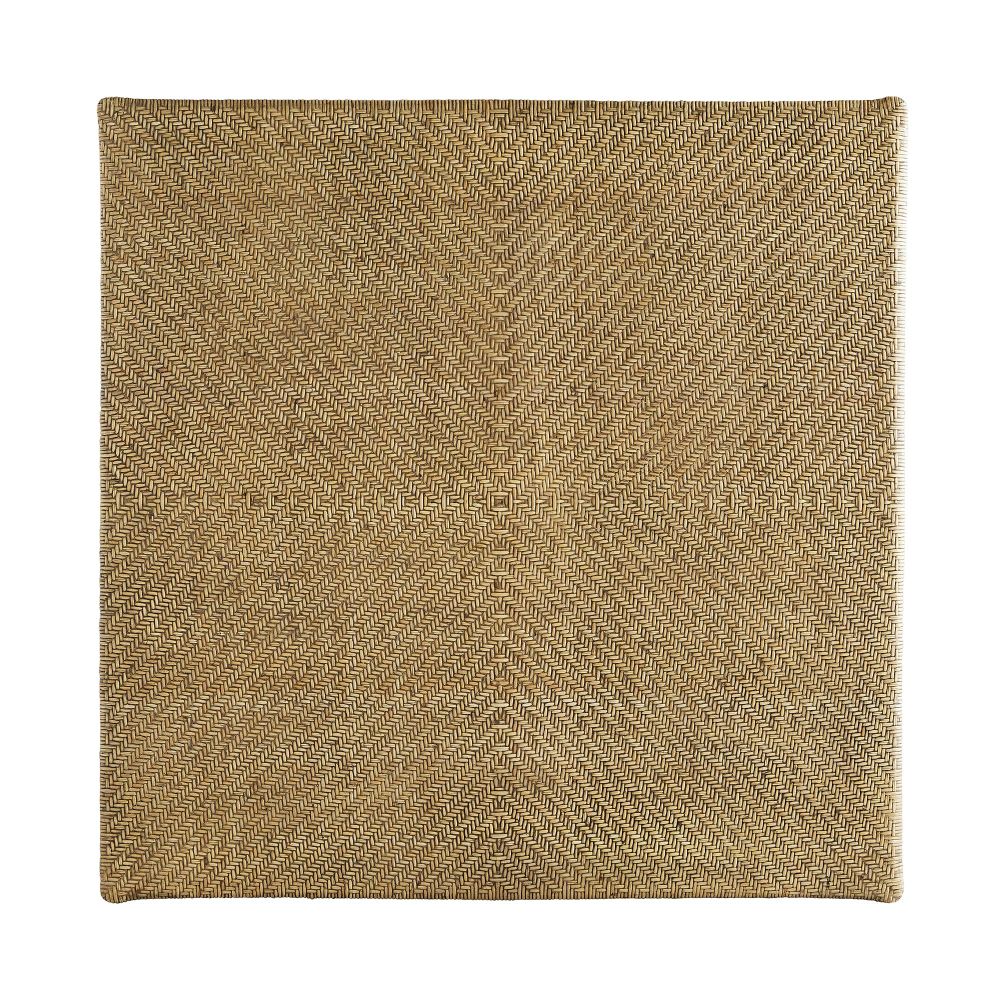 The Underhill Coffee Table by Arteriors features a square panel with a textured, tan woven herringbone chevron design on a white background.