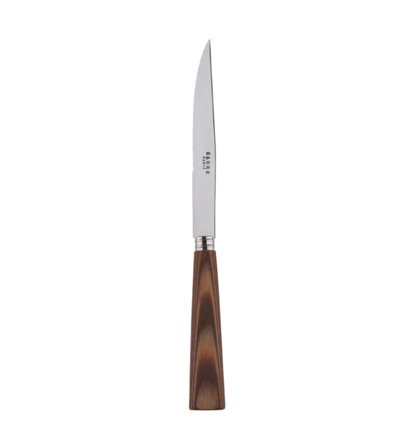 The Sabre Nature Steak Knife by Sabre, with its slender stainless steel blade and wooden handle, is elegantly displayed against a white background.