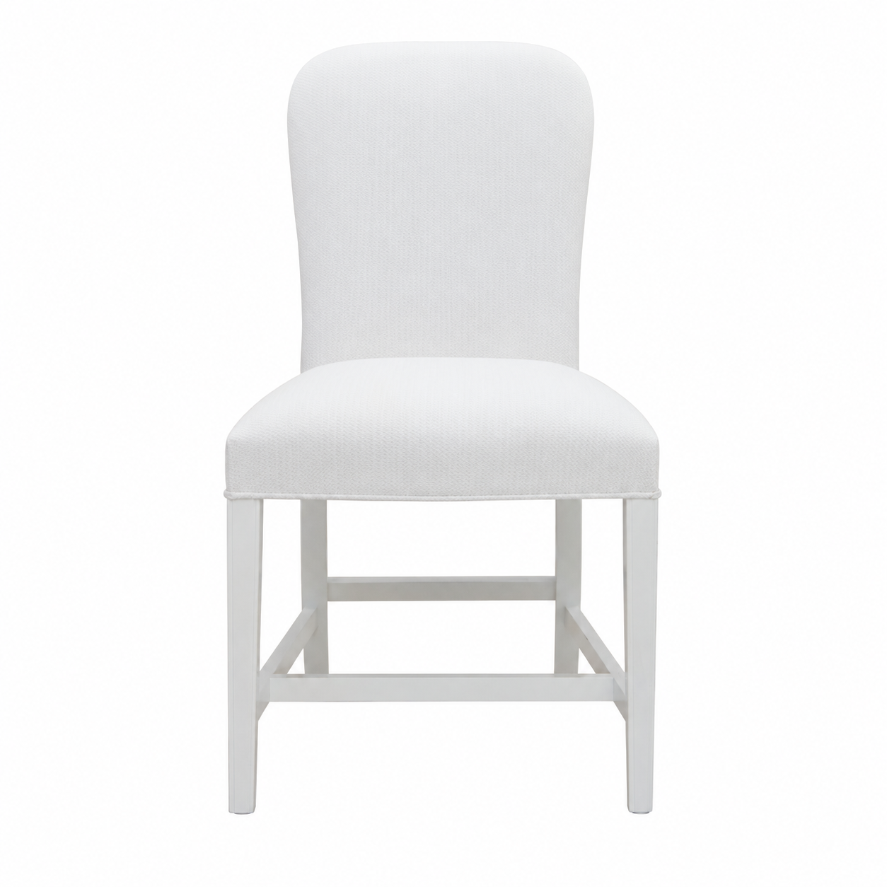 A front view of the Chippendale Dining Chair by Hickory Chair is showcased against a white background. This upholstered chair features a curved backrest and straight walnut wooden legs, with a contoured seat in performance fabric. The harmonious combination of Dove White on Walnut lends an elegant and timeless appeal.