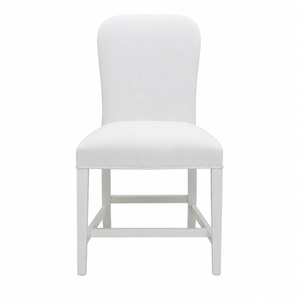 A front view of the Chippendale Dining Chair by Hickory Chair is showcased against a white background. This upholstered chair features a curved backrest and straight walnut wooden legs, with a contoured seat in performance fabric. The harmonious combination of Dove White on Walnut lends an elegant and timeless appeal.