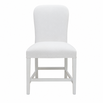 A front view of the Chippendale Dining Chair by Hickory Chair is showcased against a white background. This upholstered chair features a curved backrest and straight walnut wooden legs, with a contoured seat in performance fabric. The harmonious combination of Dove White on Walnut lends an elegant and timeless appeal.