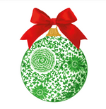 The Caspari Green Ceramic Hanging Tag Set features a green and white patterned ornament with a gold top and large red bow, reminiscent of classic decorative ornaments, displayed against a white background.