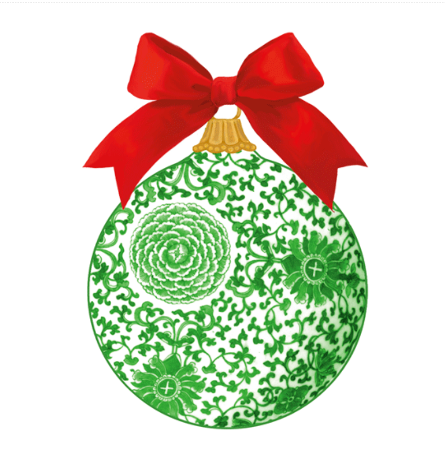 The Caspari Green Ceramic Hanging Tag Set features a green and white patterned ornament with a gold top and large red bow, reminiscent of classic decorative ornaments, displayed against a white background.