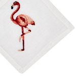 Experience the Flamingo Coaster & Bath Collection by Haute Home—a premium white linen napkin adorned with an embroidered pink flamingo standing gracefully on one leg.