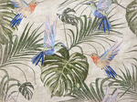 All a Buzz by Tropical Tapestry features four colorful hummingbirds flying among lush green leaves on a beige background, beautifully printed as a vibrant tapestry on recycled French paper.