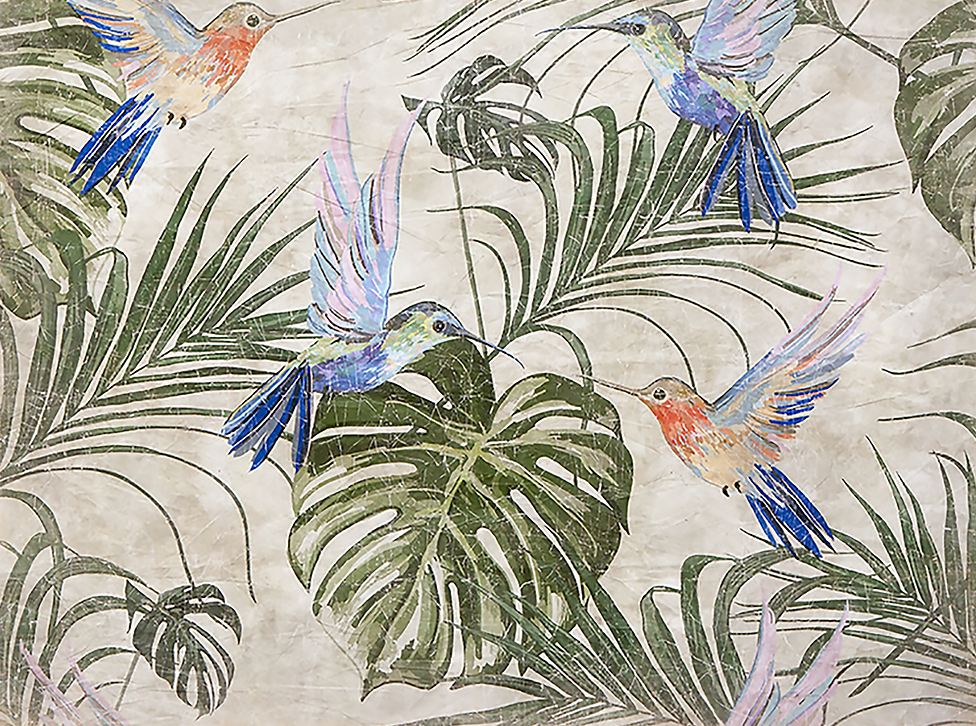All a Buzz by Tropical Tapestry features four colorful hummingbirds flying among lush green leaves on a beige background, beautifully printed as a vibrant tapestry on recycled French paper.