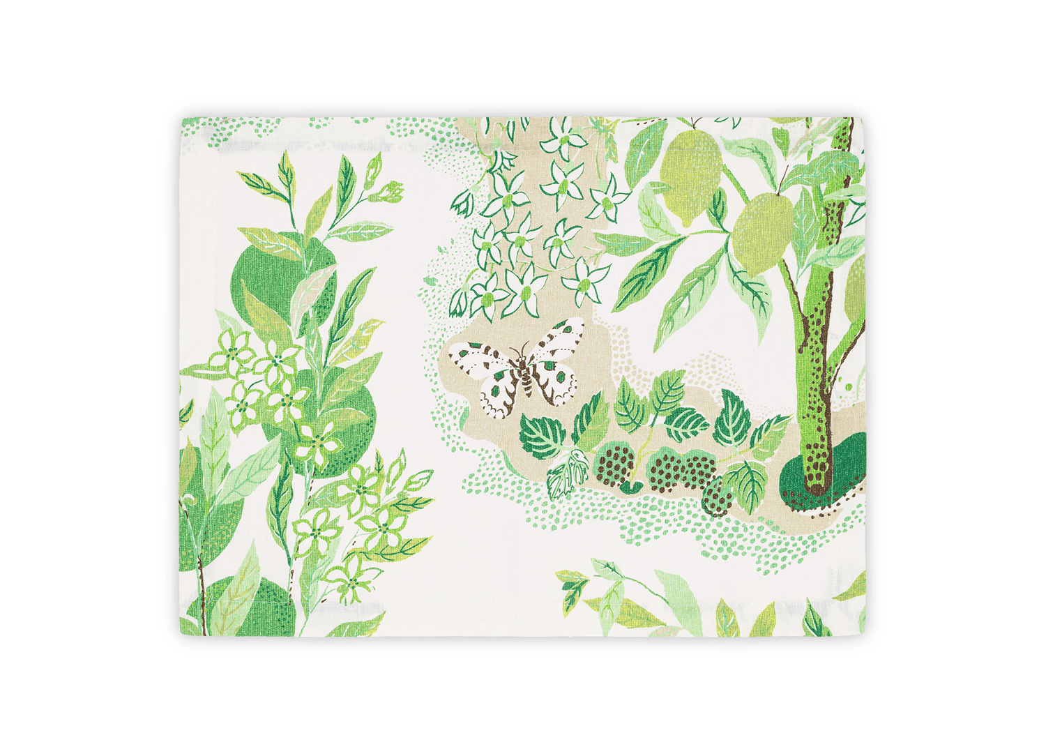 A folded white linen cloth from Matouk's Citrus Garden Grass Collection featuring a green botanical print with leaves, flowers, butterfly, and fruit.