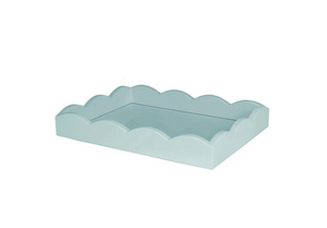 The Addison Ross Eau de Nil Lacquered Scallop Small Two-Tone Tray features a light blue rectangular design with a scalloped edge, shown against a white background.