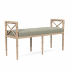 The Made Goods Danica Bench features a light wood frame with crossed backrest ends and a rectangular seat cushion in Weser Sage performance fabric.